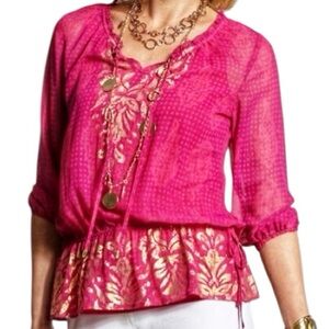 Chico’s Size 0 XS Pink & Gold Semi Sheer Tie Front Damask Shimmer Lacy Blouse